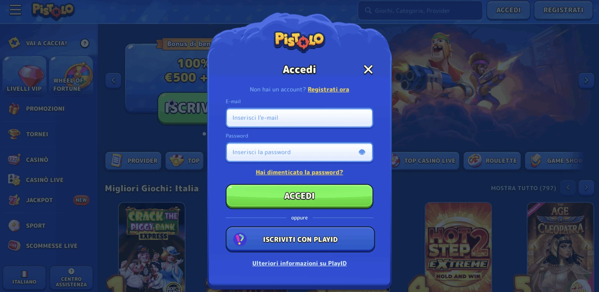 Modulo di accesso all'account su Pistolo Casinò