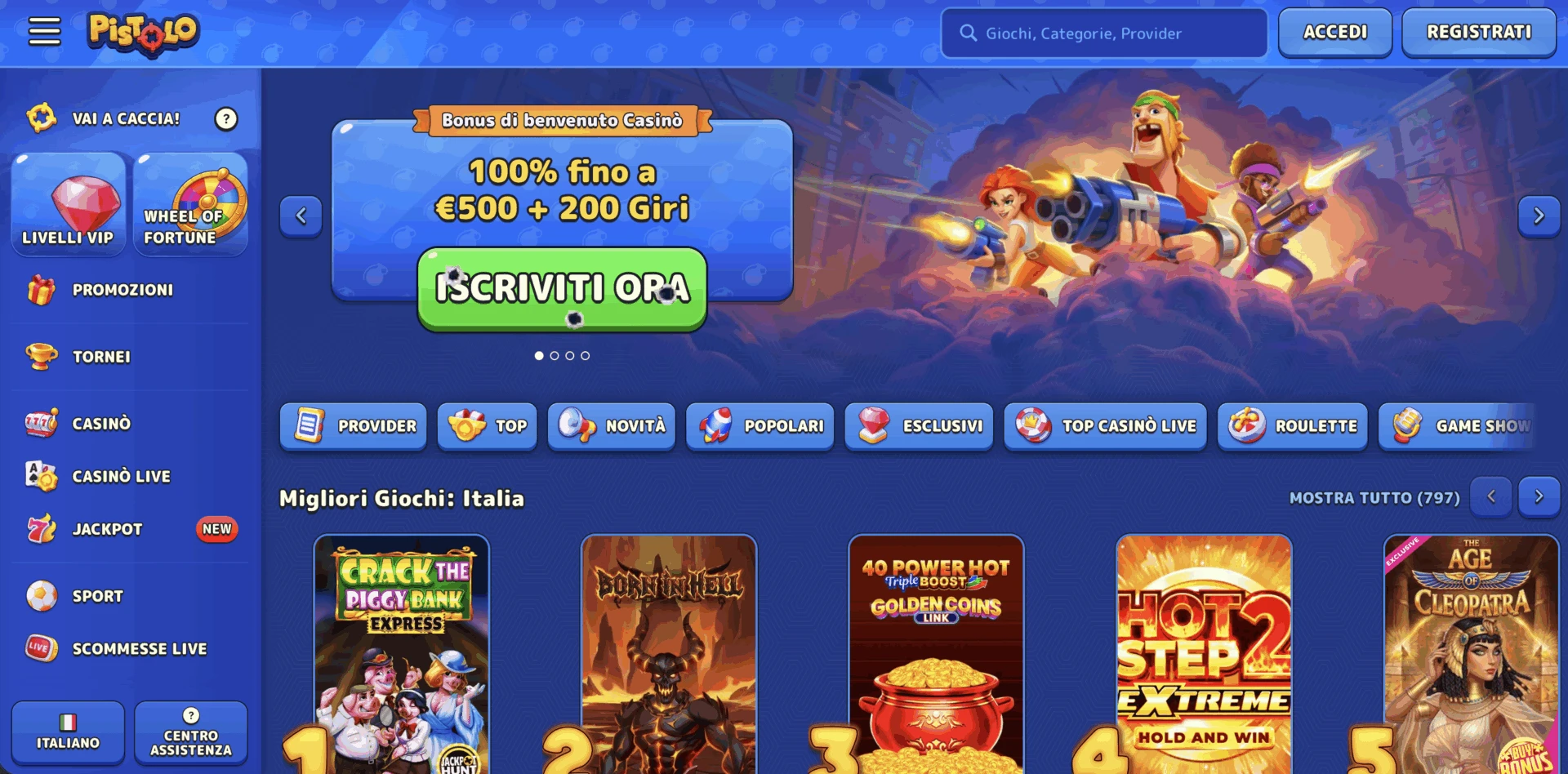 Homepage di Pistolo Casinò con bonus di benvenuto