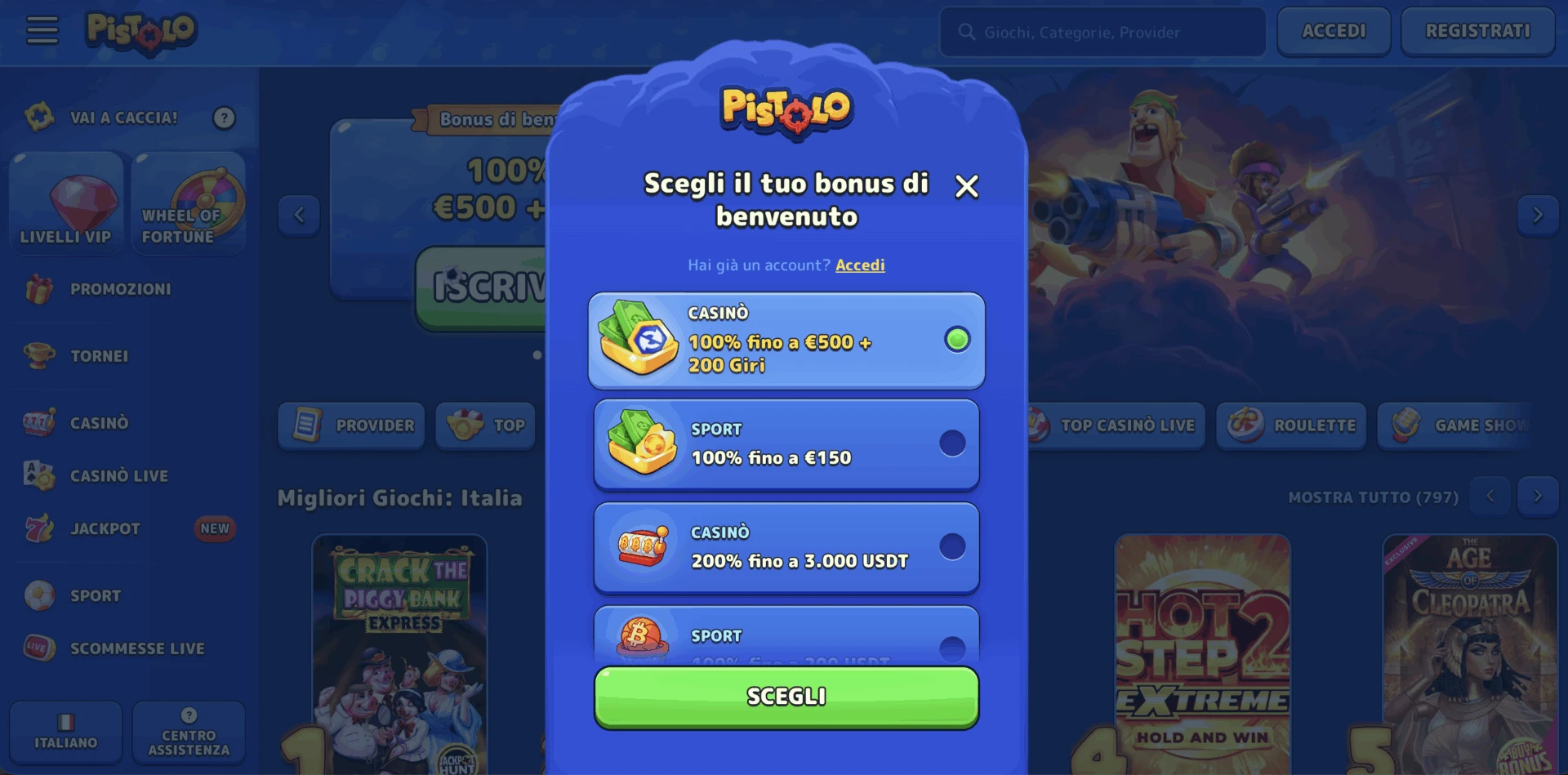 Modulo di registrazione con selezione del bonus su Pistolo Casinò
